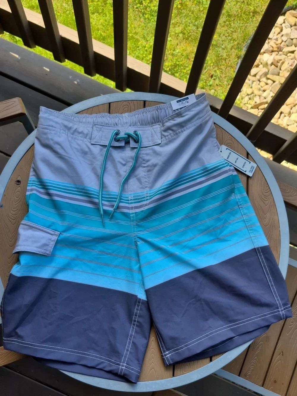 George Men's Small Blue Striped Swim Trunks with Drawstring - New